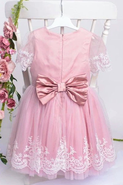 Pink Short Sleeve Bow-Back Flower Girl Dress