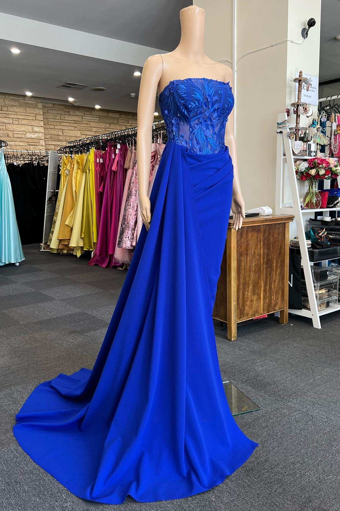 Blue Appliques Strapless Long Formal Gown with Attached Train – Modsele