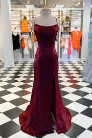 Burgundy Satin Lace-Up Mermaid High Side Slit Dress