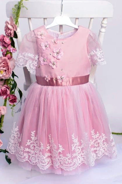 Pink Short Sleeve Bow-Back Flower Girl Dress