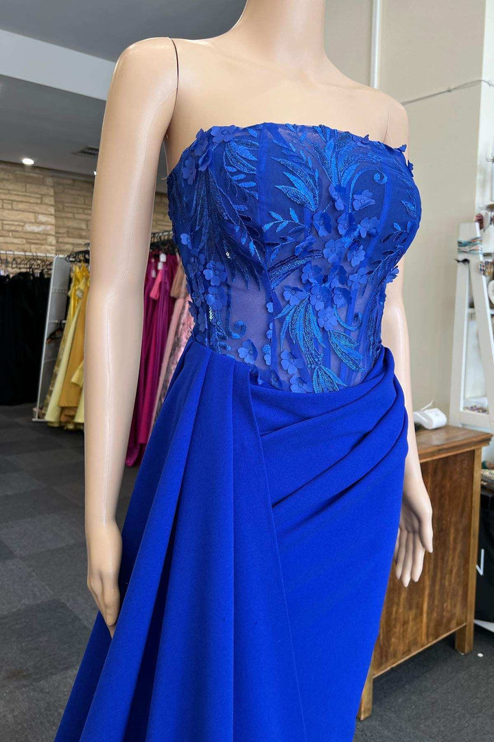Blue Appliques Strapless Long Formal Gown with Attached Train