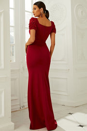 Wine Red Queen Anne Puff Sleeve Long Formal Dress