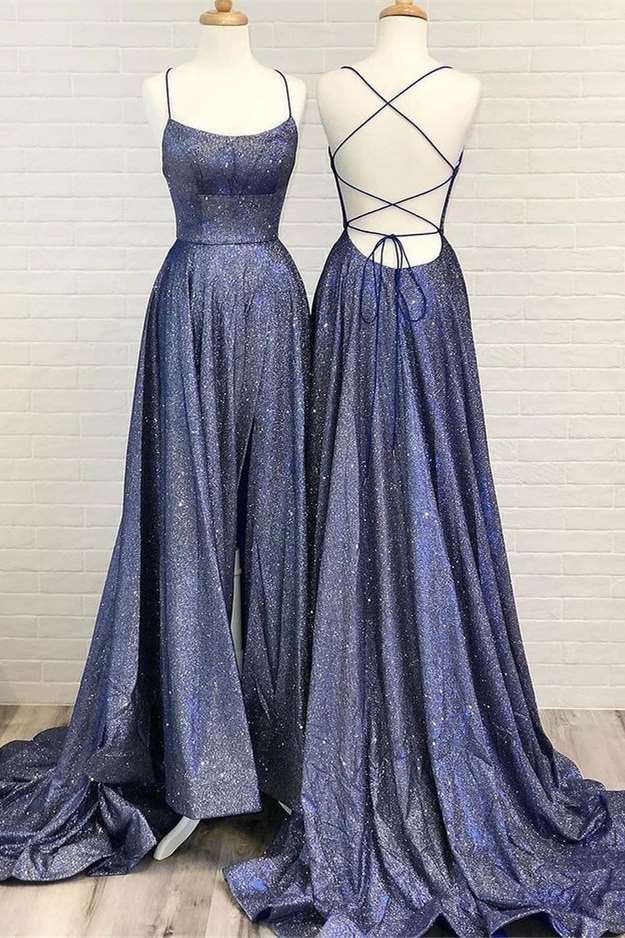 Navy Blue Sequin Backless A-Line Prom Dress