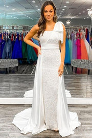 White Sequin One-Shoulder Bow Prom Gown  with Attached Train