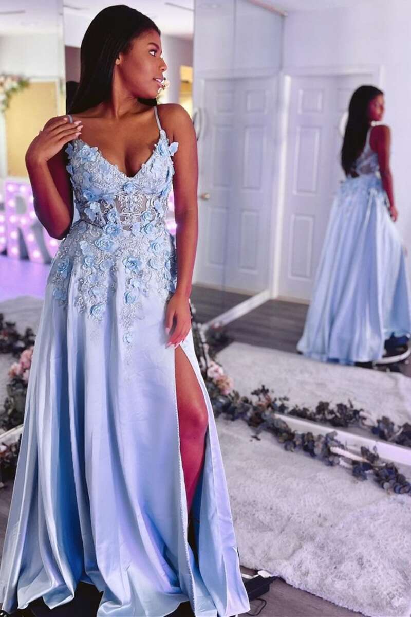 Light Blue V-Neck Backless A-Line Prom Dress with 3D Flowers