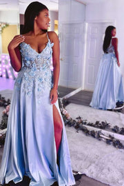 Light Blue V-Neck Backless A-Line Prom Dress with 3D Flowers