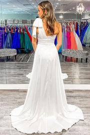 White Sequin One-Shoulder Bow Prom Gown  with Attached Train