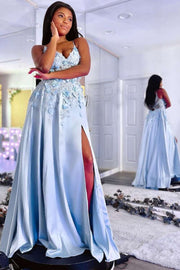 Light Blue V-Neck Backless A-Line Prom Dress with 3D Flowers