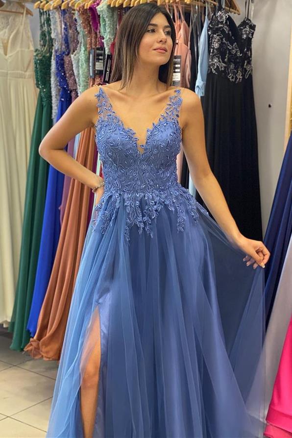 Periwinkle Tulle Lace Appliqués A-Line Prom Gown