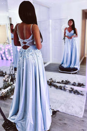 Light Blue V-Neck Backless A-Line Prom Dress with 3D Flowers