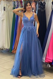 Periwinkle Tulle Lace Appliqués A-Line Prom Gown