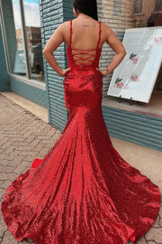 Red Sequin Appliques Sweetheart Mermaid Long Prom Dress with Slit