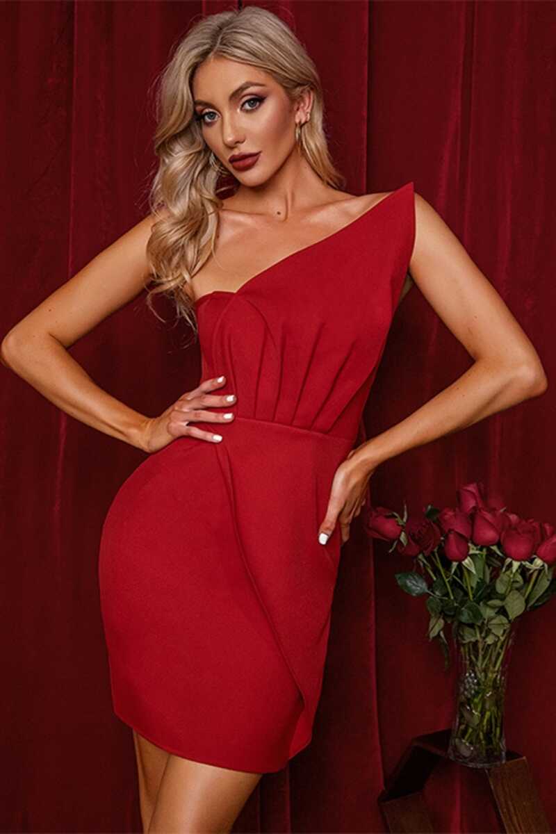 Asymmetrical Red Ruched Bodycon Mini Party Dress