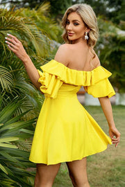 Yellow Off-the-Shoulder Puff Sleeve Ruffled Short Party Dress