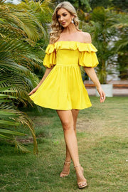 Yellow Off-the-Shoulder Puff Sleeve Ruffled Short Party Dress