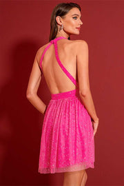 Neon Pink Sequin Halter Backless Short Party Dress