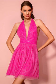 Neon Pink Sequin Halter Backless Short Party Dress