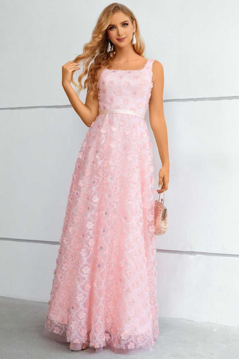 Pink 3D Floral Lace Square Neck A-Line Prom Dress – Modsele