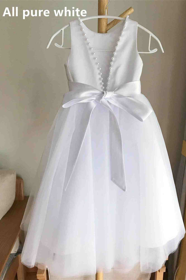 White Sleeveless Open Back Pearls Girl Party Dress