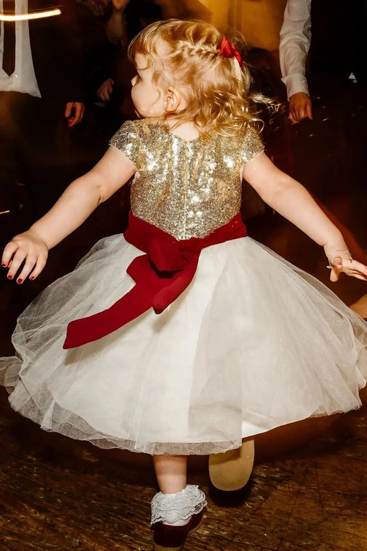 Gold &White Tie-Back A-Line Flower Girl Dress
