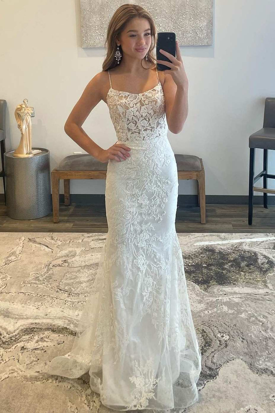 White Floral Lace Scoop Neck Lace-Up Mermaid Long Prom Dress Modsele White Floral Lace Scoop Neck Lace-Up Mermaid Long Prom Dress Modsele