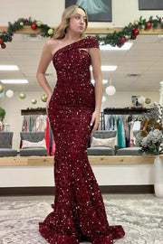 Wine Red Sequin One-Shoulder Mermaid Long Prom Dress
