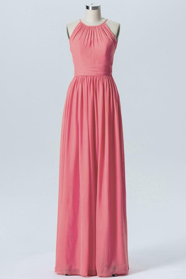 Coral Pink Chiffon Halter Sleeveless Bridesmaid Dress – Modsele
