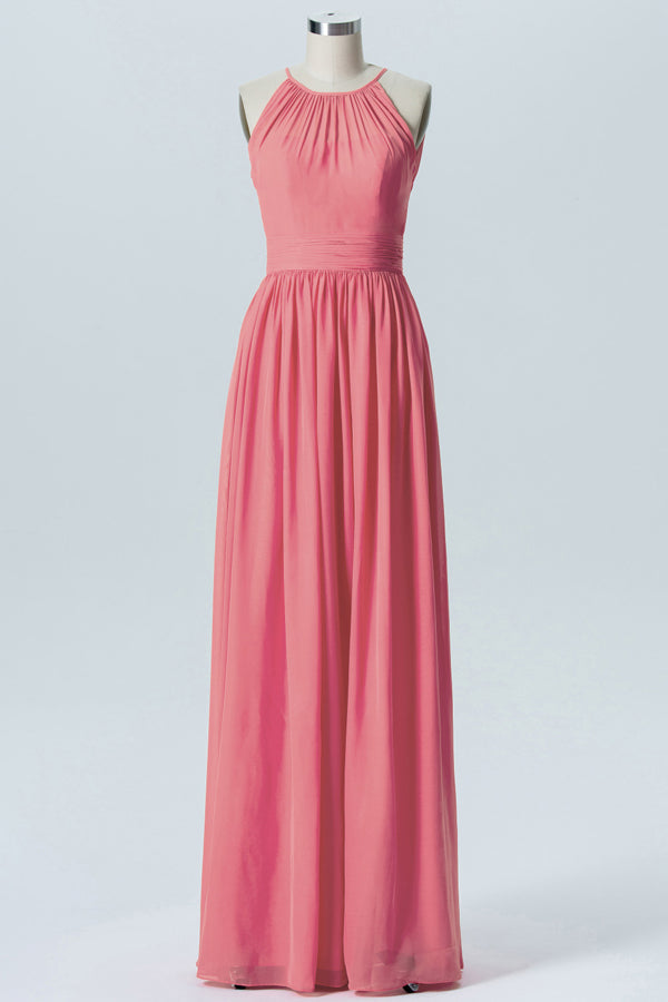 Coral Pink Chiffon Halter Sleeveless Bridesmaid Dress