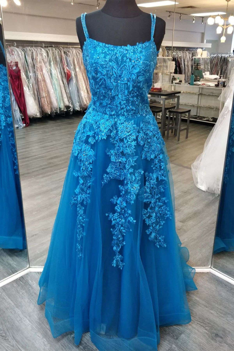 Blue Floral Lace Lace-Up A-Line Prom Dress