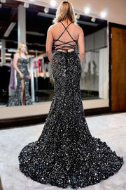 Sequin Lace-Up Back Mermaid Long Prom Gown with Slit.