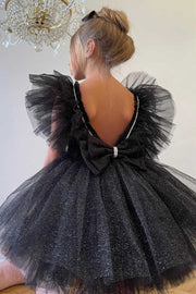 Glitter Black Sequined Ruffles Backless A-Line Girl Party Dress