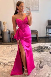 Pink Satin Strapless Mermaid Long Formal Dress with Big Bow
