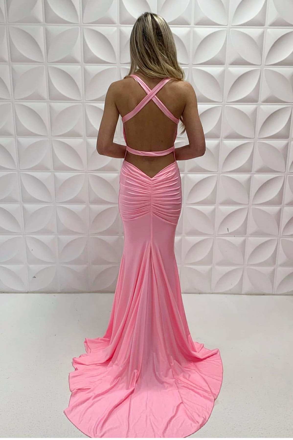Mermaid Pink V-Neck Cross-Back Long Formal Dress