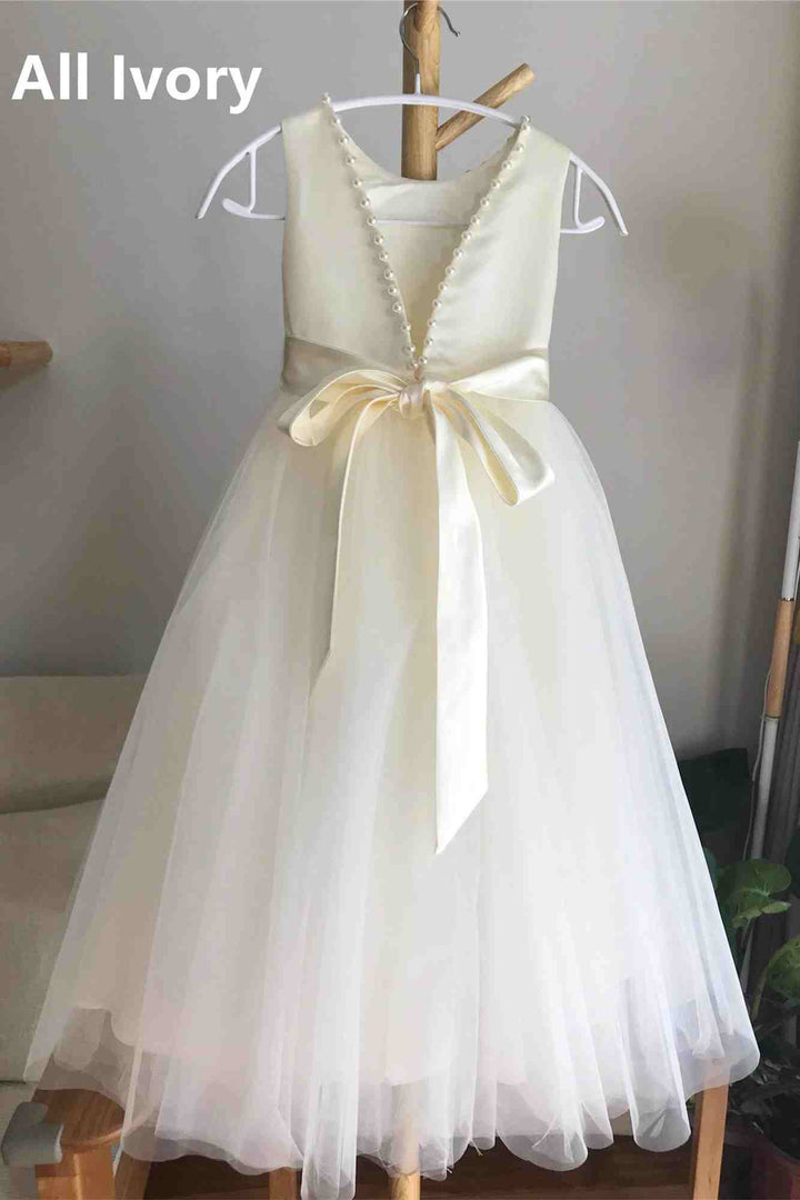 White Sleeveless Open Back Pearls Girl Party Dress