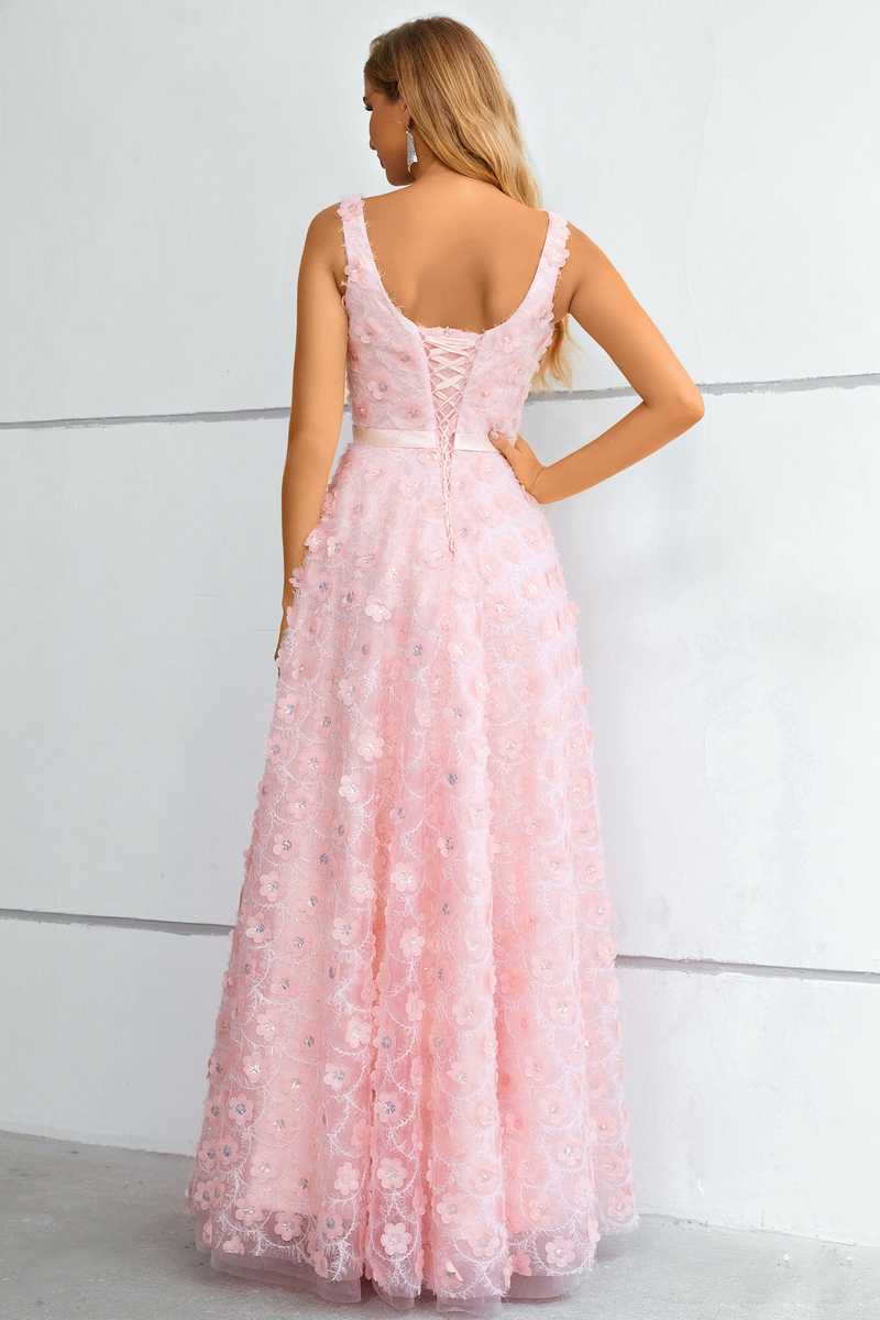 Pink 3D Floral Lace Square Neck A-Line Prom Dress