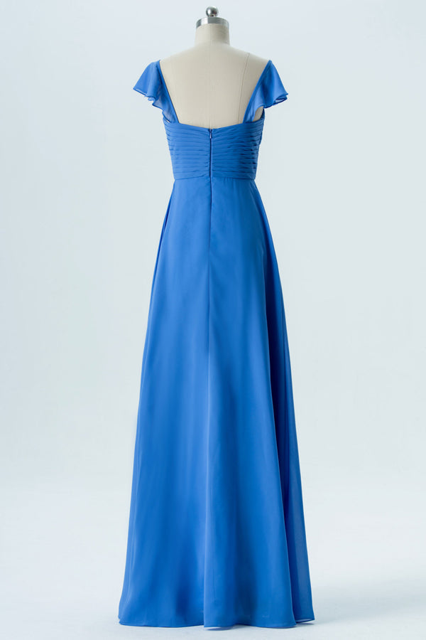 Cobalt Blue Chiffon Sweetheart Bridesmaid Dress with Cap Sleeves