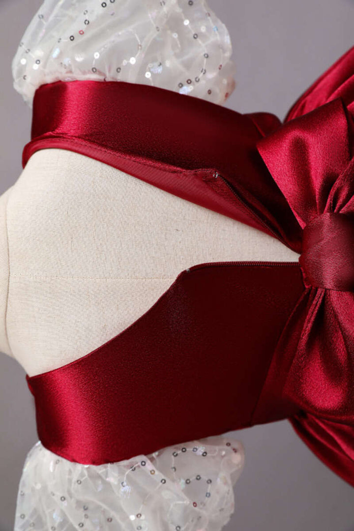 Wine Red Sequin Puff Sleeve Bow Girl Ball Gown