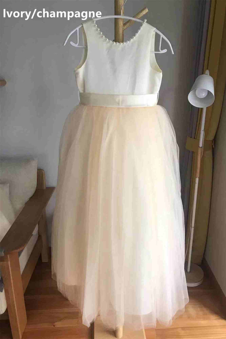 White Sleeveless Open Back Pearls Girl Party Dress