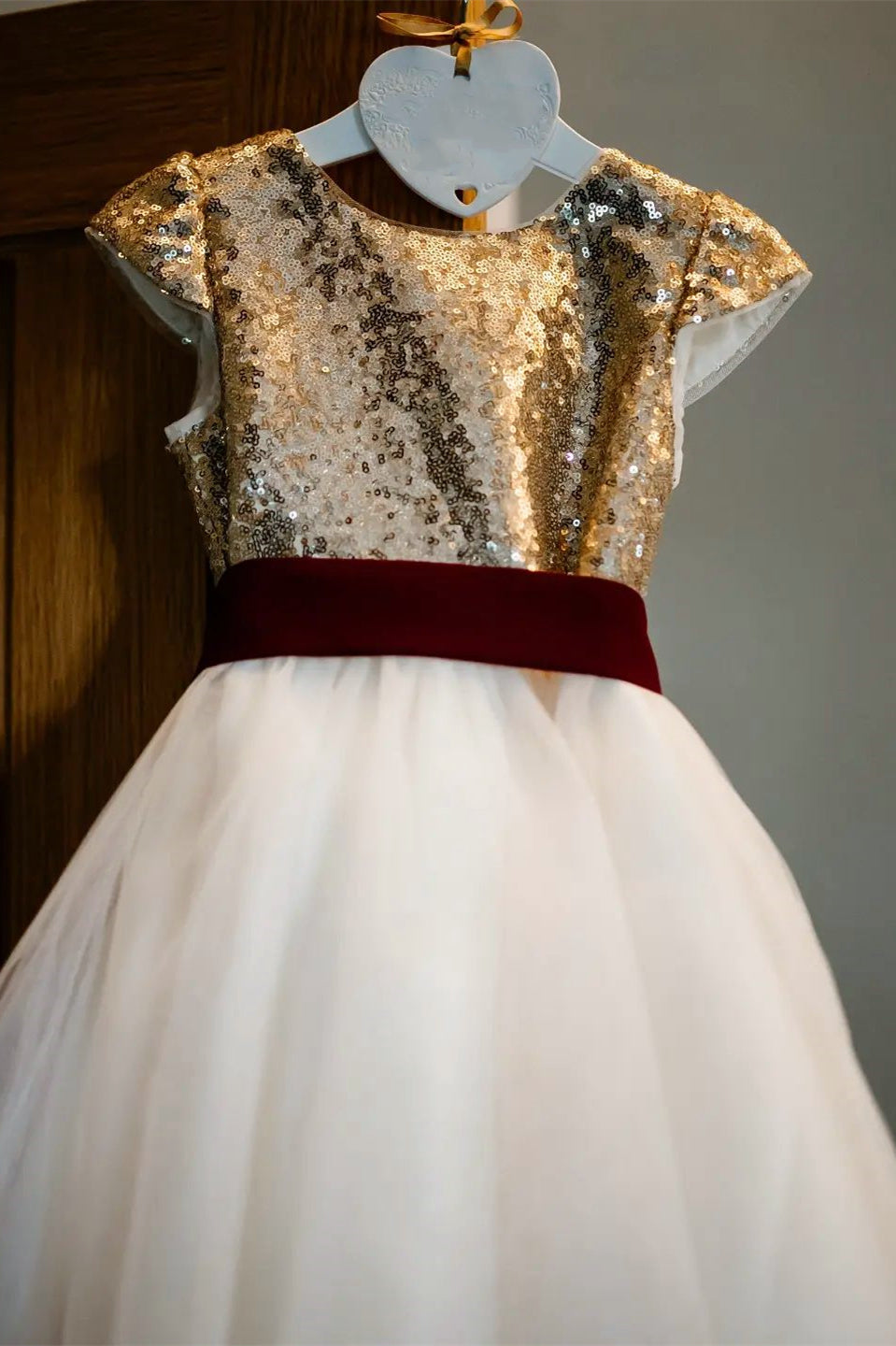 Gold &White Tie-Back A-Line Flower Girl Dress