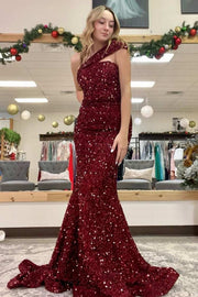 Wine Red Sequin One-Shoulder Mermaid Long Prom Dress