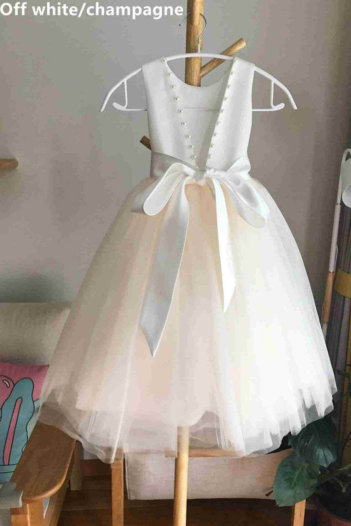 White Sleeveless Open Back Pearls Girl Party Dress