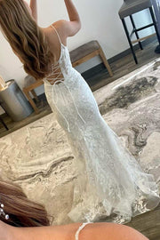 White Floral Lace Scoop Neck Lace-Up Mermaid Long Prom Dress