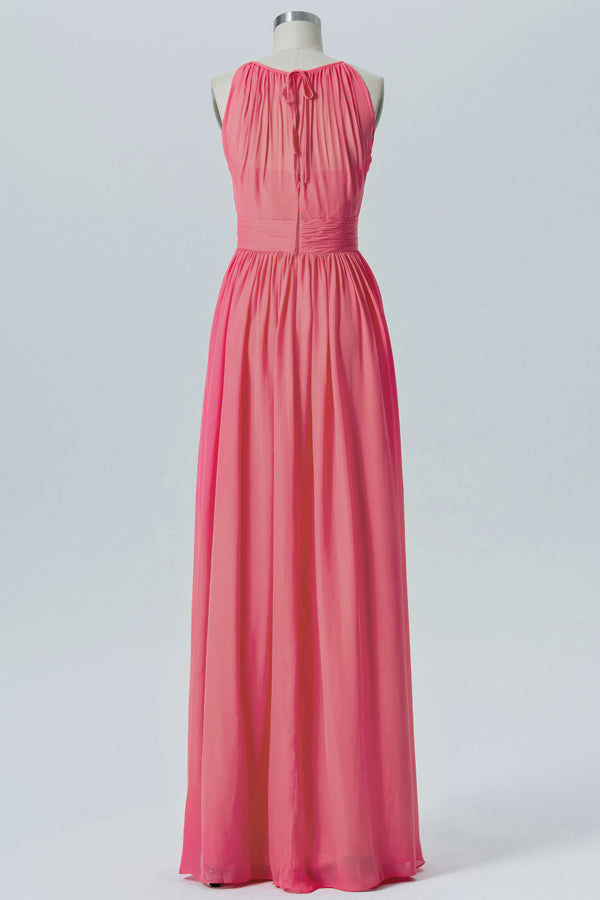 Coral Pink Chiffon Halter Sleeveless Bridesmaid Dress