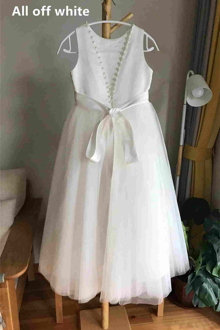 White Sleeveless Open Back Pearls Girl Party Dress