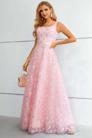 Pink 3D Floral Lace Square Neck A-Line Prom Dress