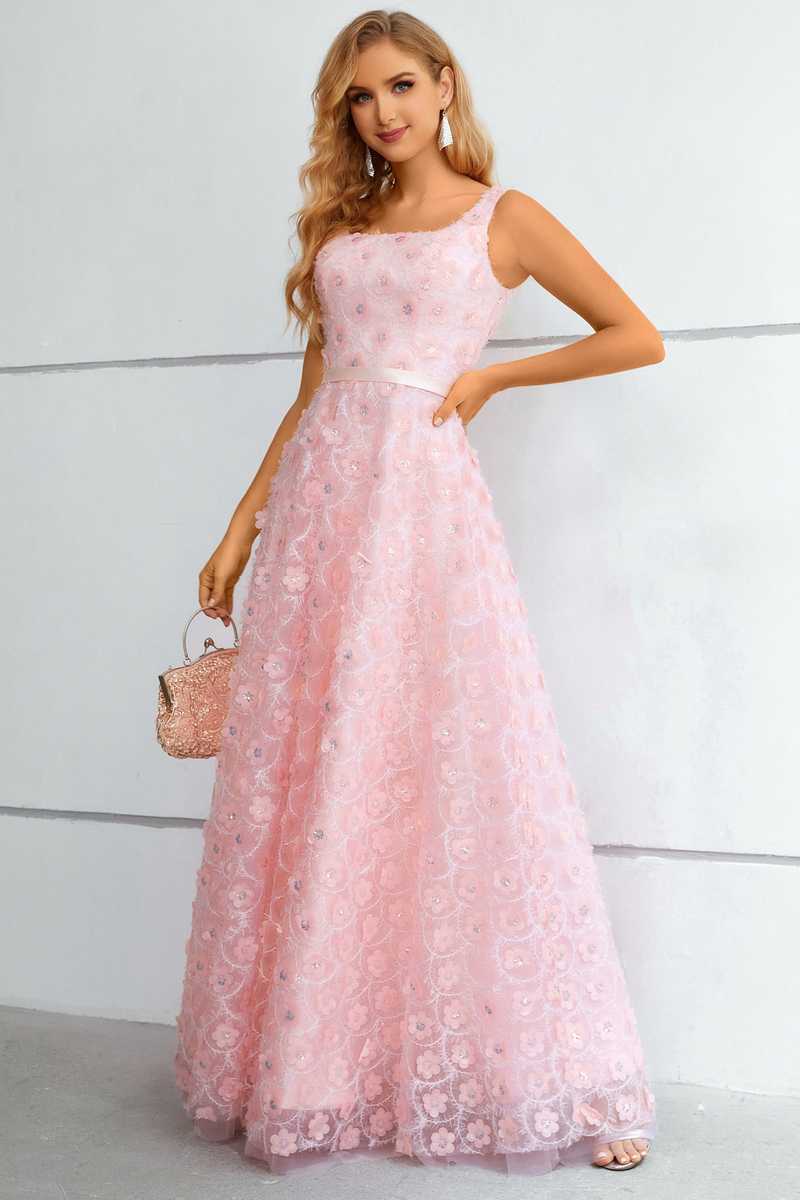 Pink 3D Floral Lace Square Neck A-Line Prom Dress Modsele Pink 3D Floral Lace Square Neck A-Line Prom Dress Modsele