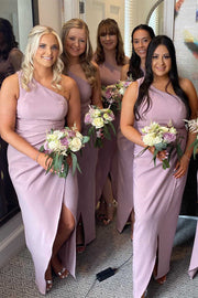 Dusky Lilac One-Shoulder Long Bridesmaid Dress with Slit