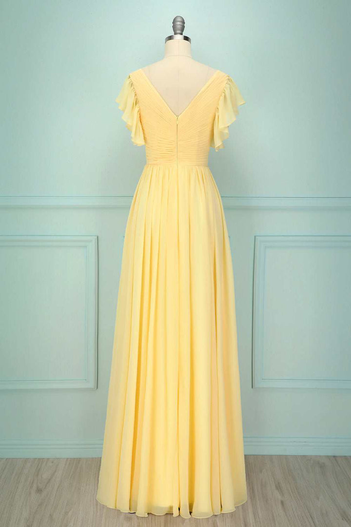 Yellow V-Neck Ruffled Pleated Bridesmaid Dress