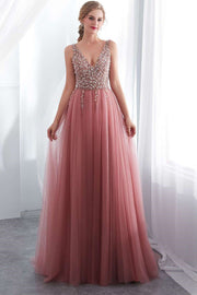 Blush Pink V-neck Beaded Tulle Prom Dress