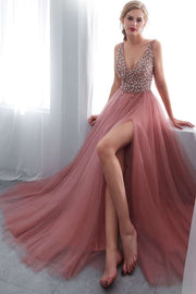 Blush Pink V-neck Beaded Tulle Prom Dress